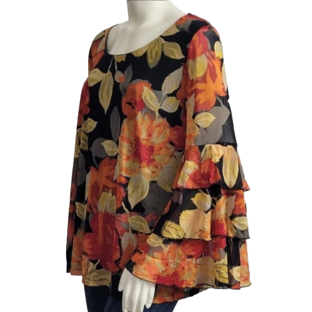 Orange and Black Floral Layered Bell Sleeve Blouse Size - XL